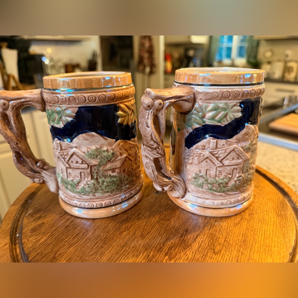 Vintage Japanese Ceramic Beer Steins  with Relief Decoration - Pair - Picture 2 of 5